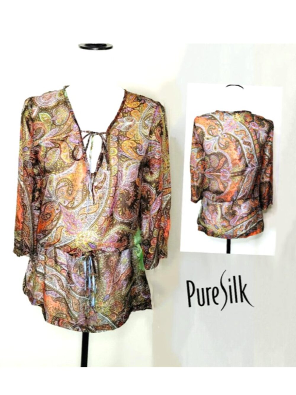 ZINGARA 100% Silk Orange Brown Paisley Tunic Top Tie V-Neck L-Sleeve Drawstring